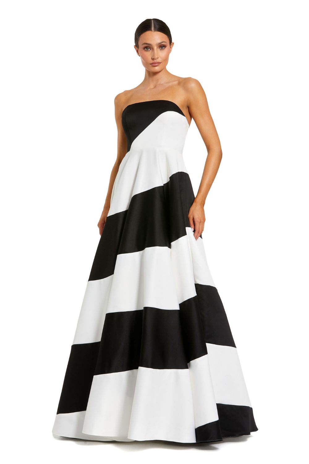 56190-Black and White Striped Satin Strapless Ball Gown