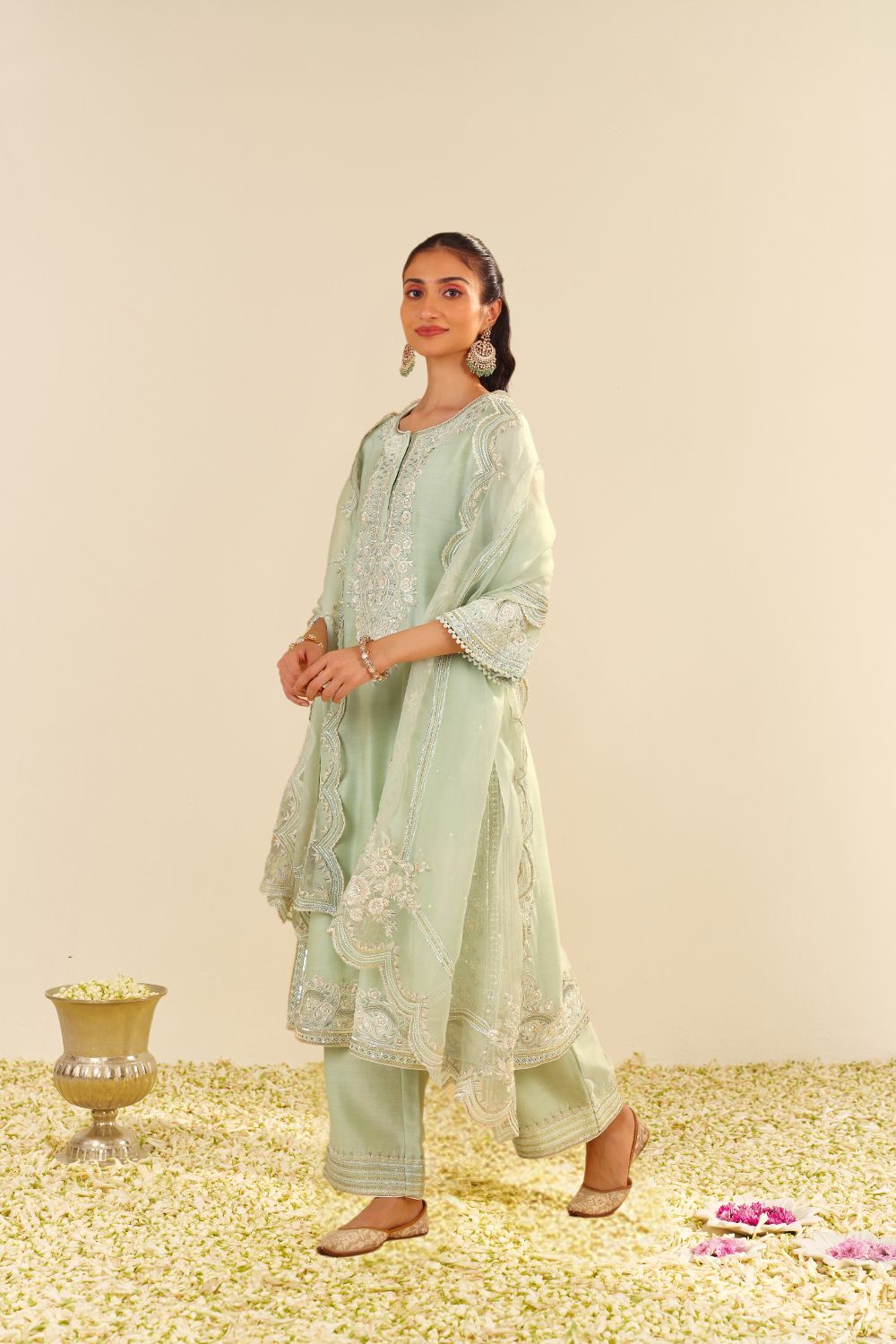 Sereen - A-Line Kurta With Palazzo And Dupatta-Mint Green