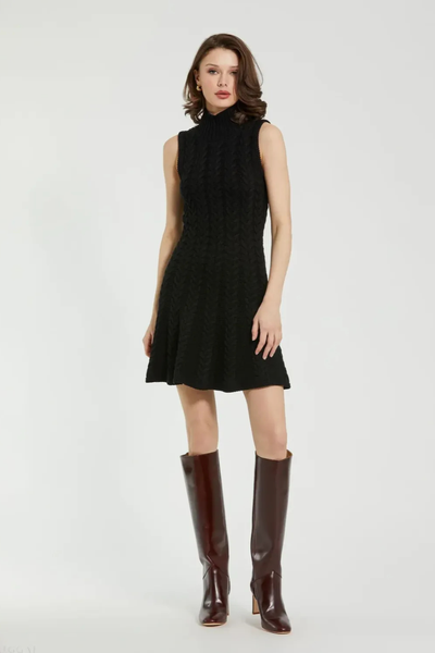 Black Cable Knit Turtle Neck Sleeveless Mini Sweater Knit Dress