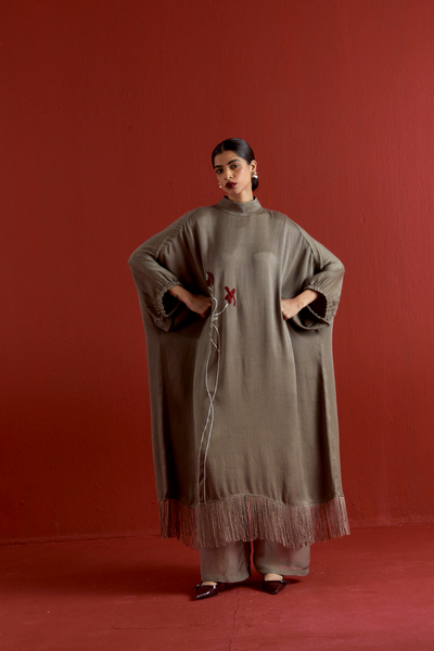 FLORAL FRINGE KAFTAN CO-ORD-CEDAR