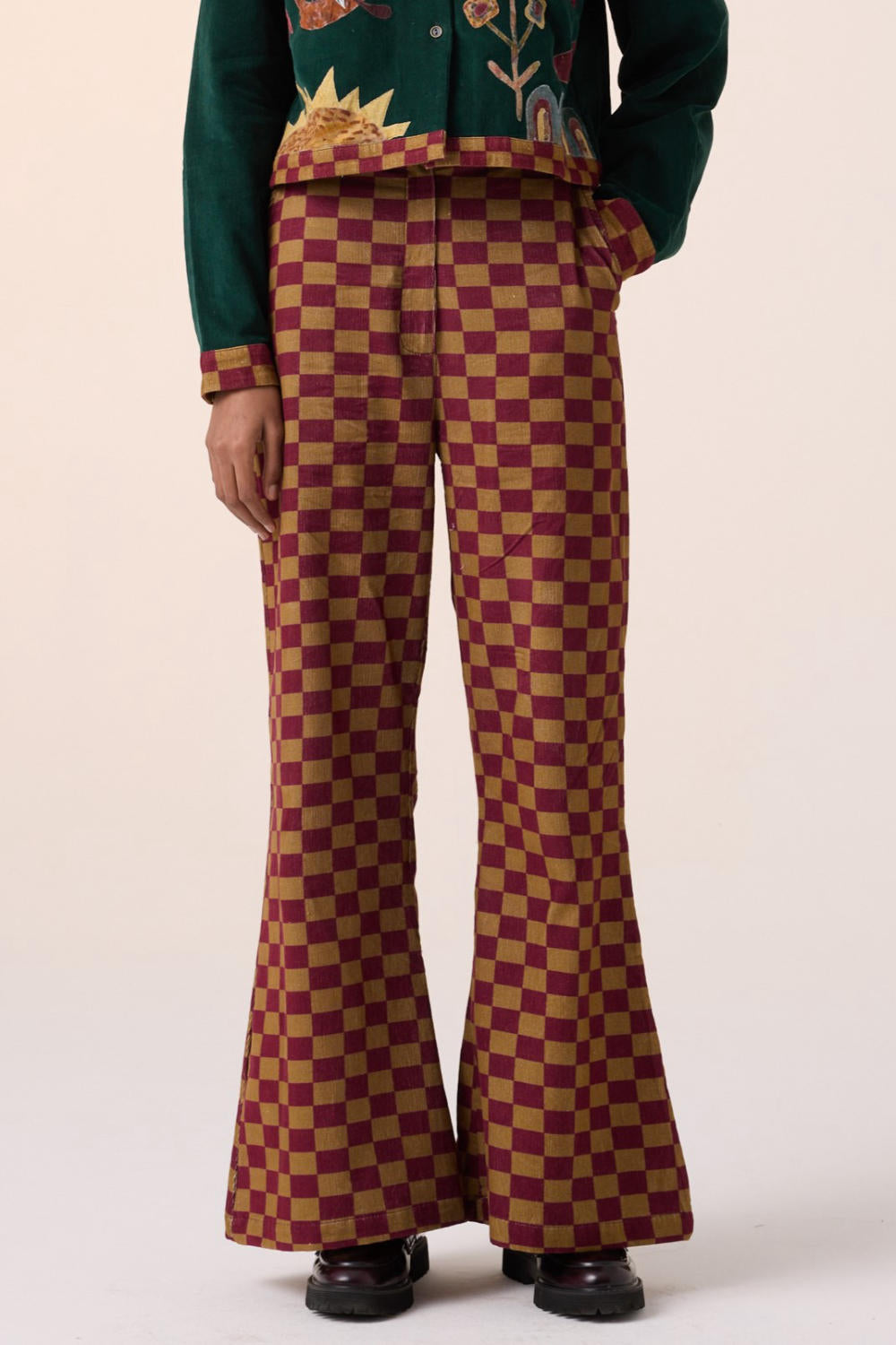 60'S PANT -OLIVE MAROON CHECKS