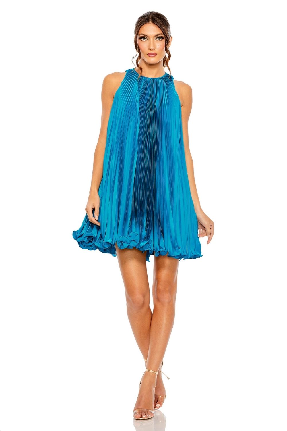 MD-49636 Halter Pleated Dress-Blue