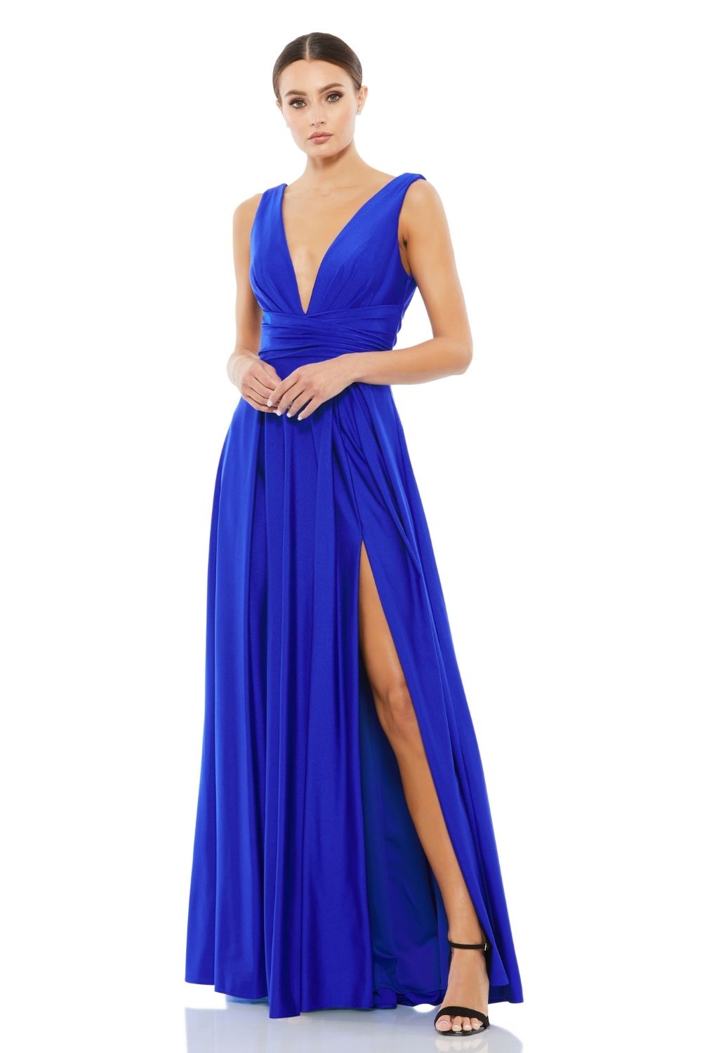 MD-26578 Flared High Slit Long Dress-Blue