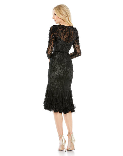 67703-Floral Appliqué Long Sleeve Cocktail Dress