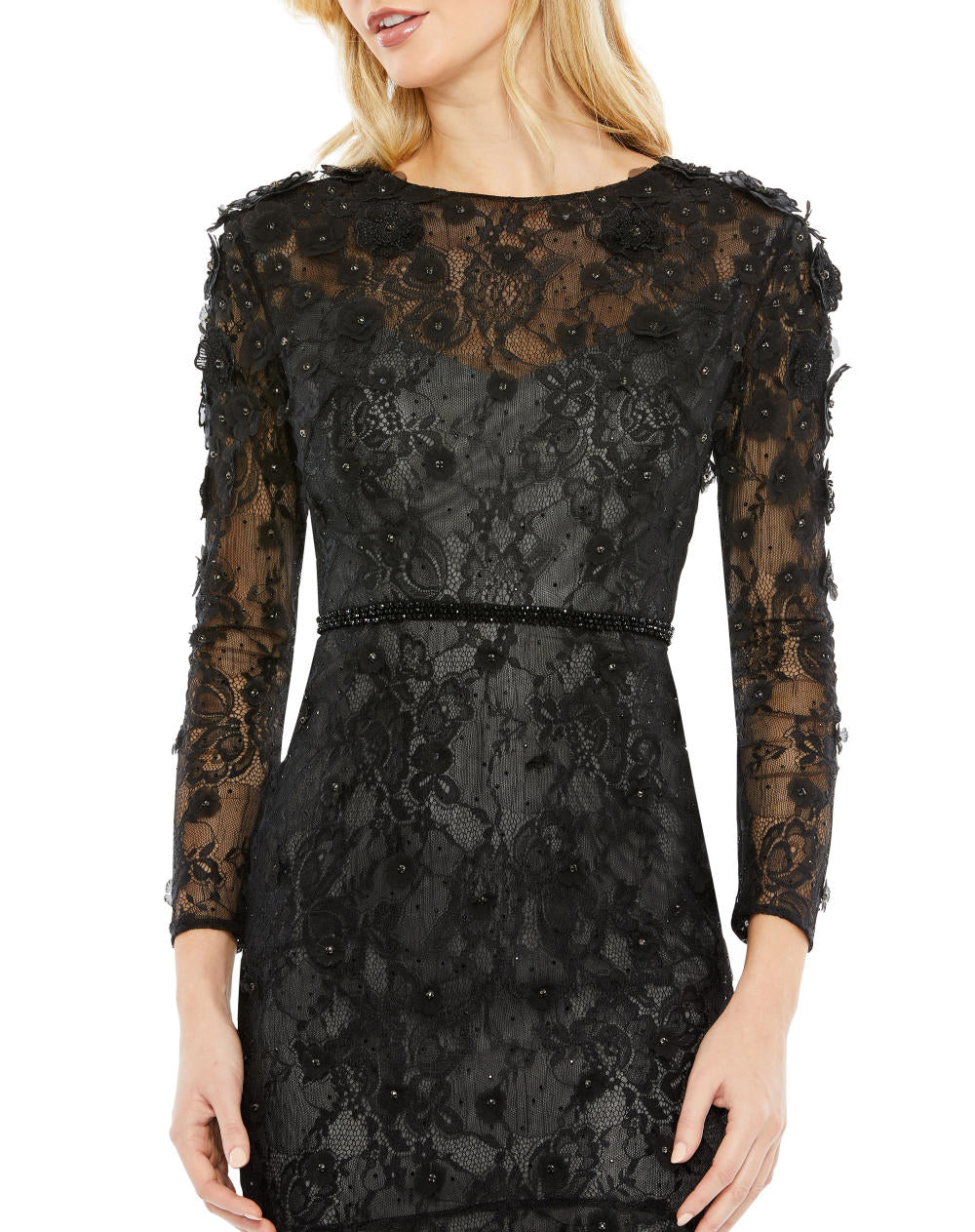 67703-Floral Appliqué Long Sleeve Cocktail Dress