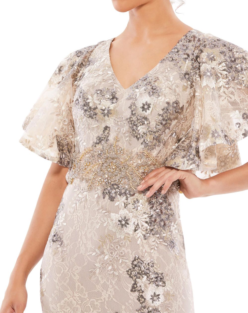 MD-67842 Embroidered Long Dress-Beige