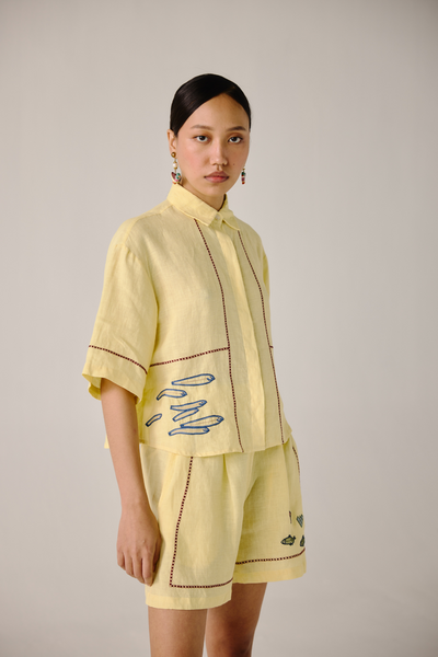 Leo Set - Butter Yellow Fish Embroidery