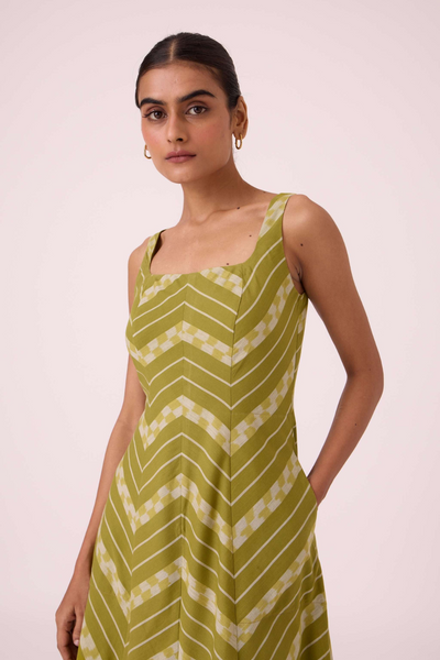 Zosima Green Striped Ikat Dress