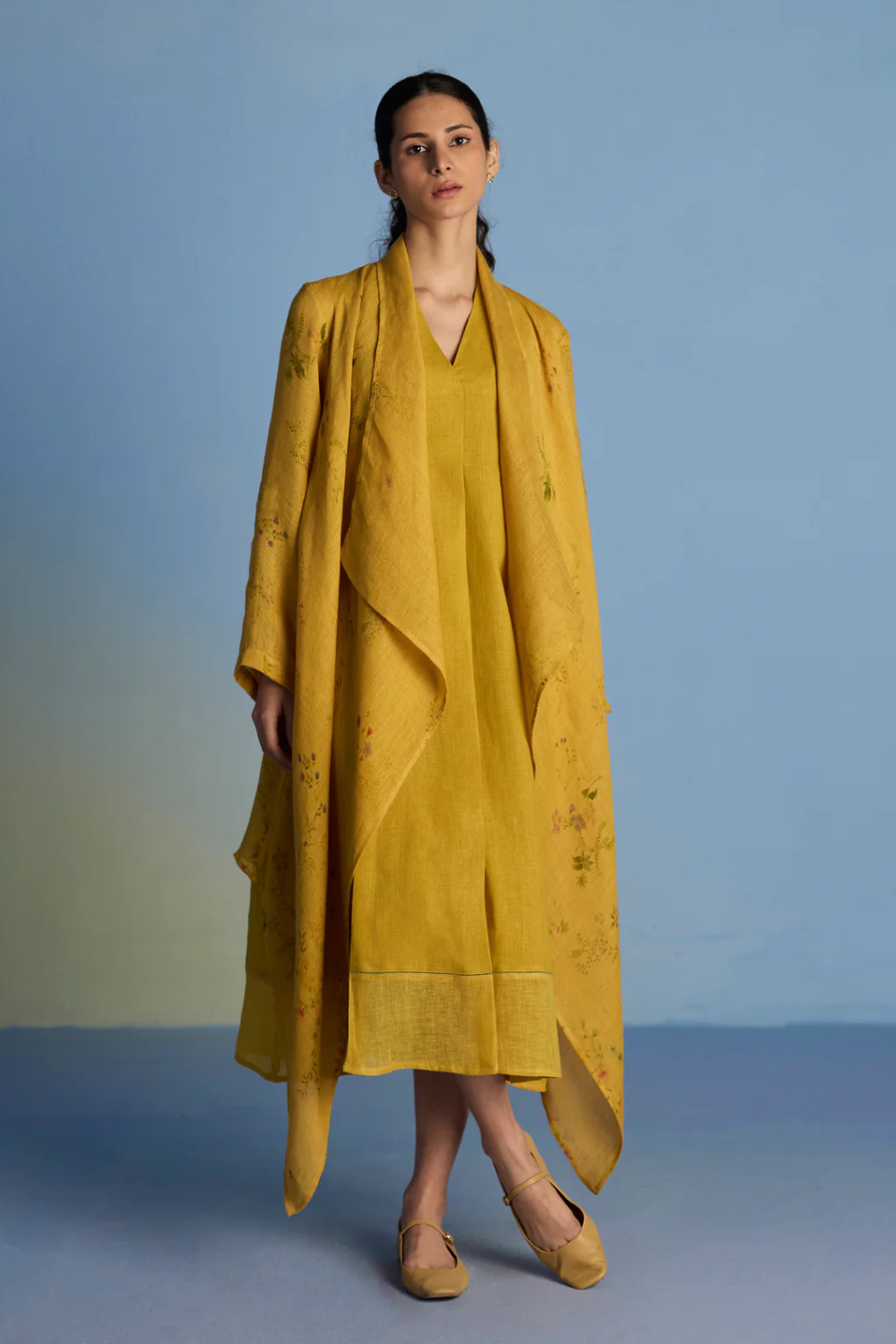 Ita Pleated Linen Dress and Overlay - Ochre