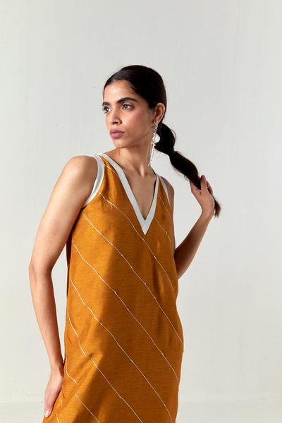 V-NECK EMBELLISHMENT DETAIL DRESS-OCHRE