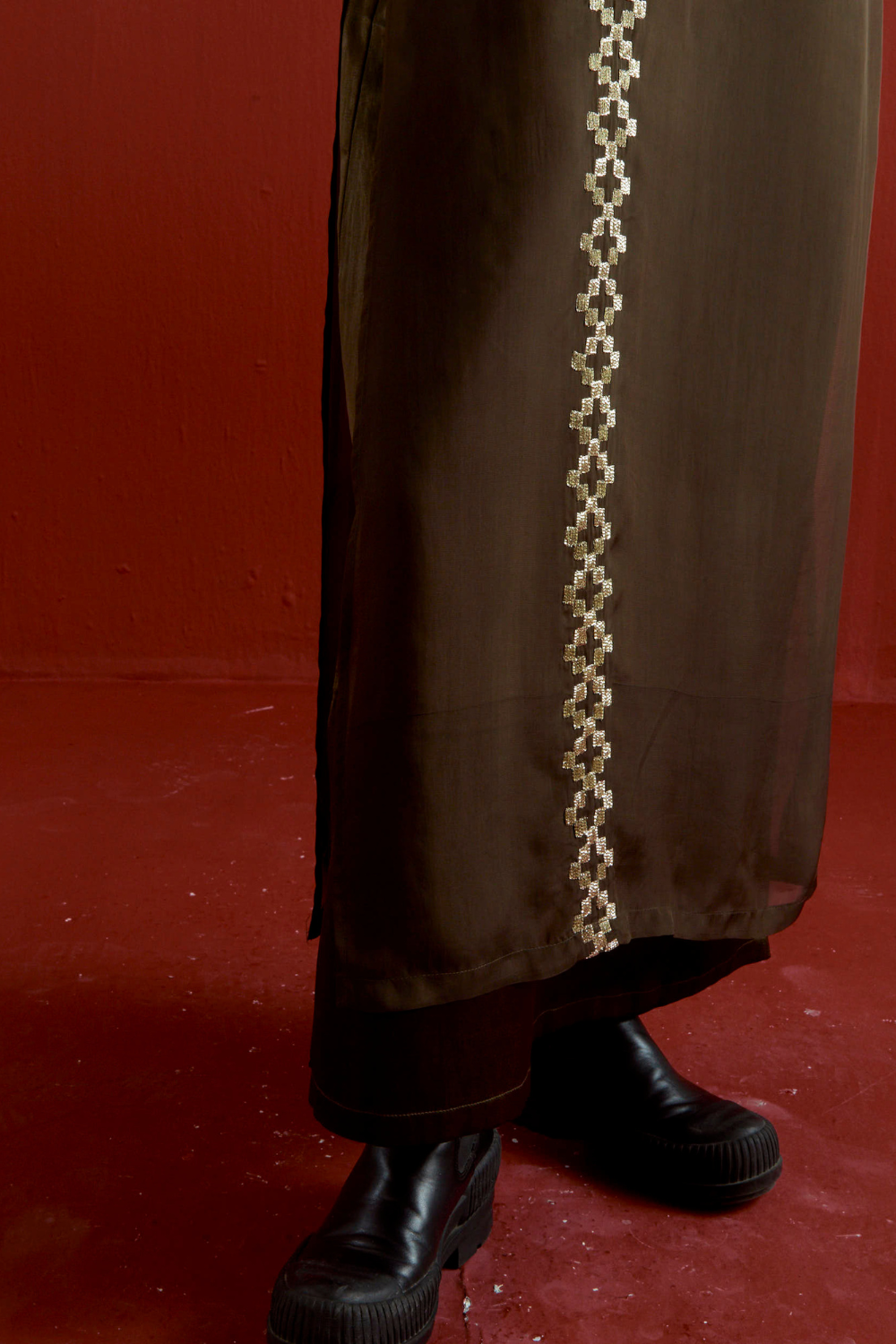 GOTA PATTI DETAIL DOUBLE LAYER DRESS-DARK OLIVE