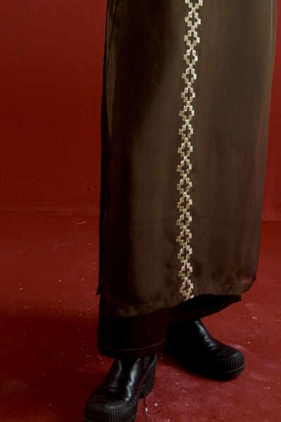 GOTA PATTI DETAIL DOUBLE LAYER DRESS-DARK OLIVE
