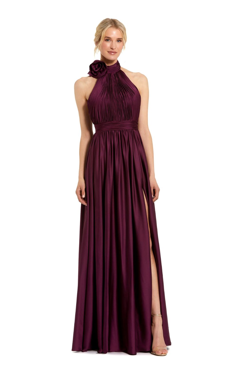 49333-Soft Tie Halter Neck High Slit Gown