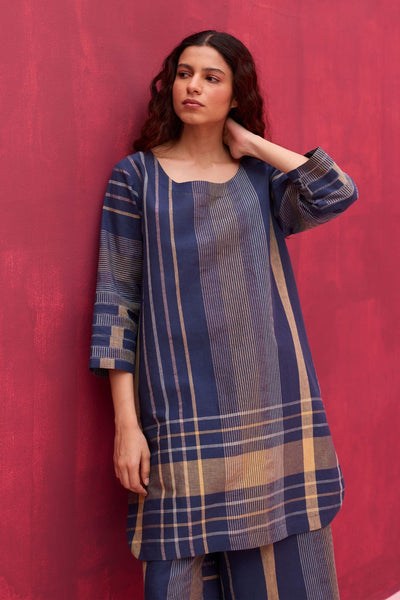 Rina Check Linen Kurta Set - Navy