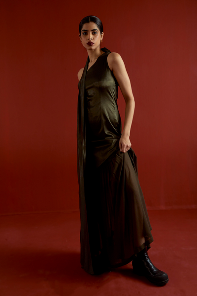 ONE SHOULDER DRESS-DARK OLIVE