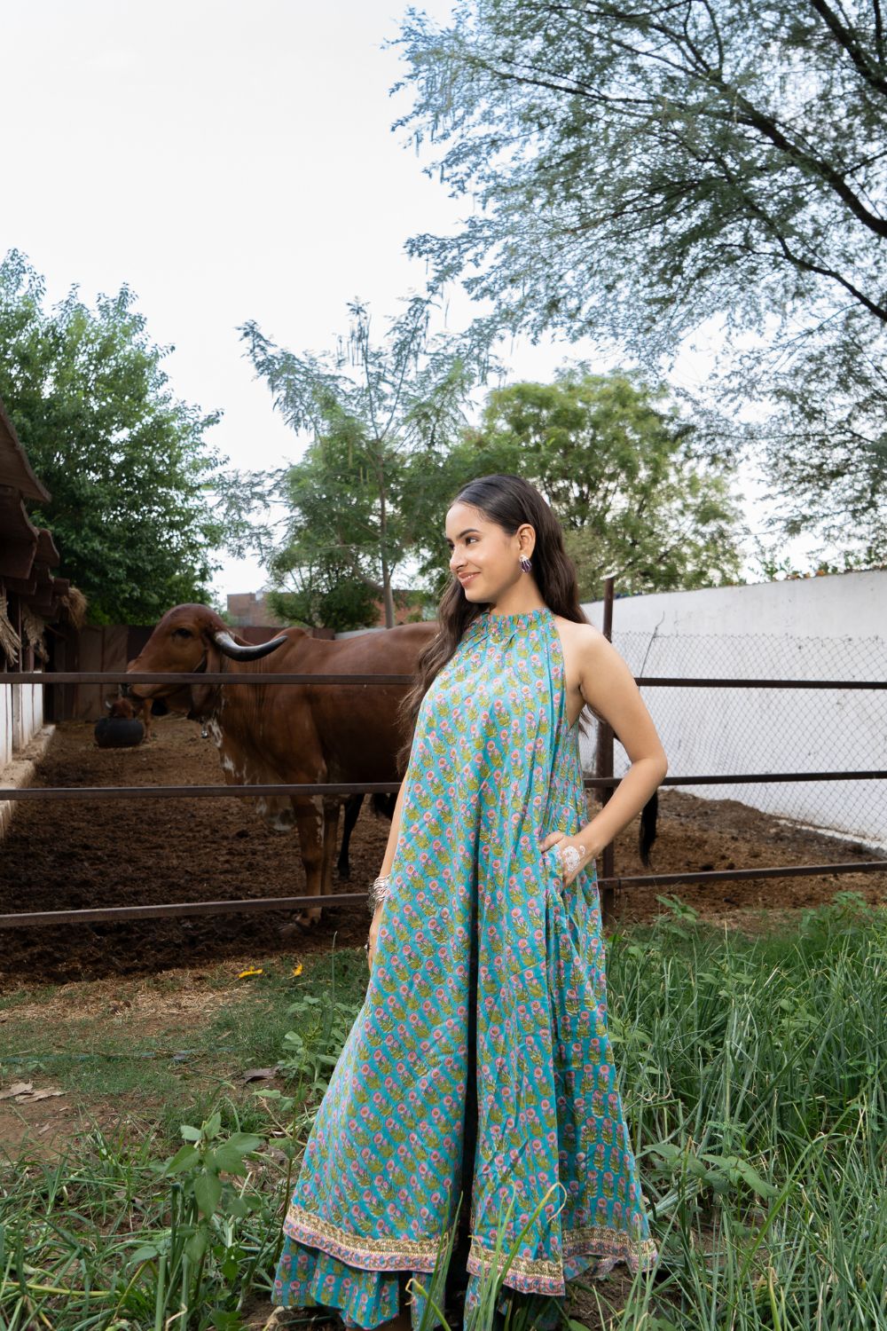 Saundh Sea Green and Pink Cotton hand block printed floral ghera dress