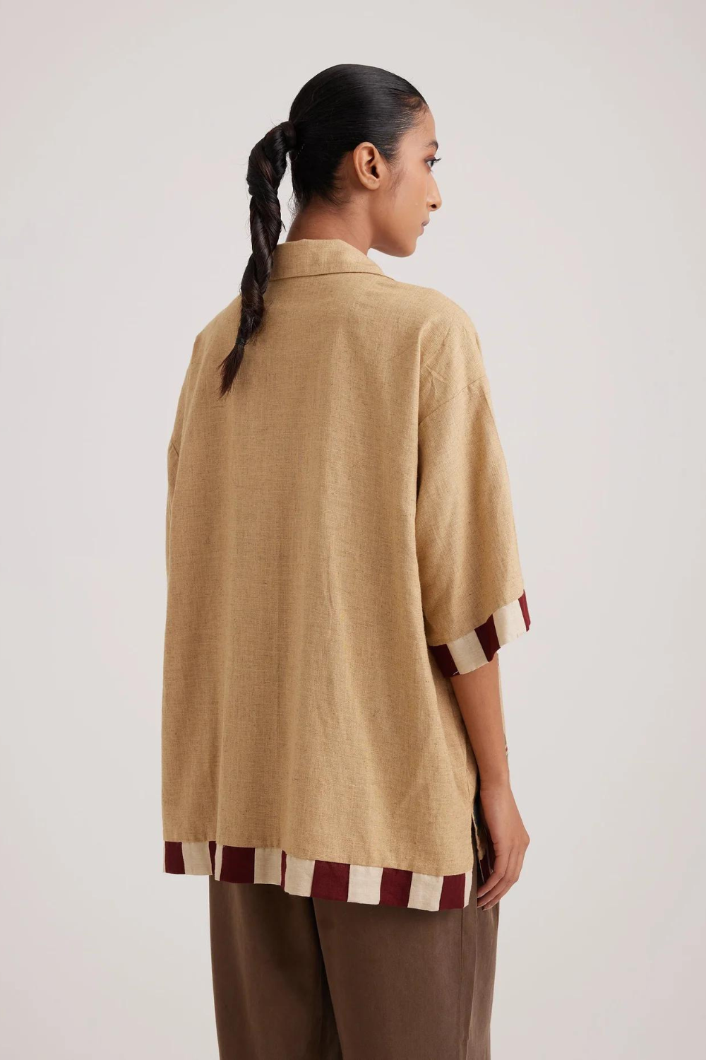 Unisex Oversized Shirt-Folk Applique-Beige