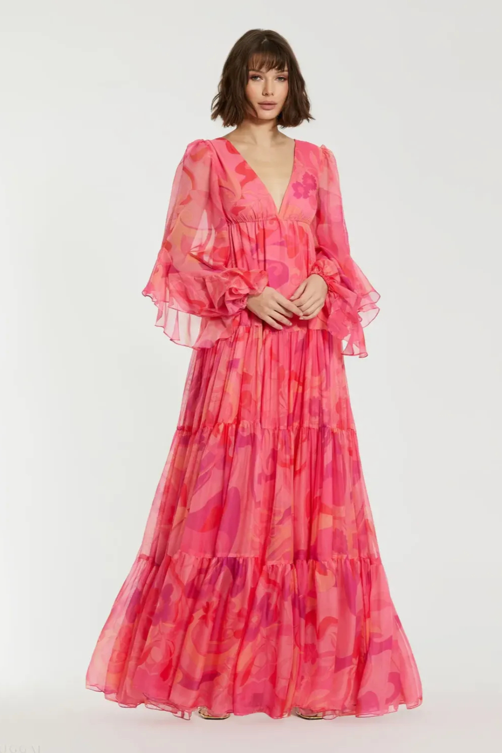 Pink Hibiscus Printed Chiffon Ruffle Long Sleeve V Neck Maxi Dress