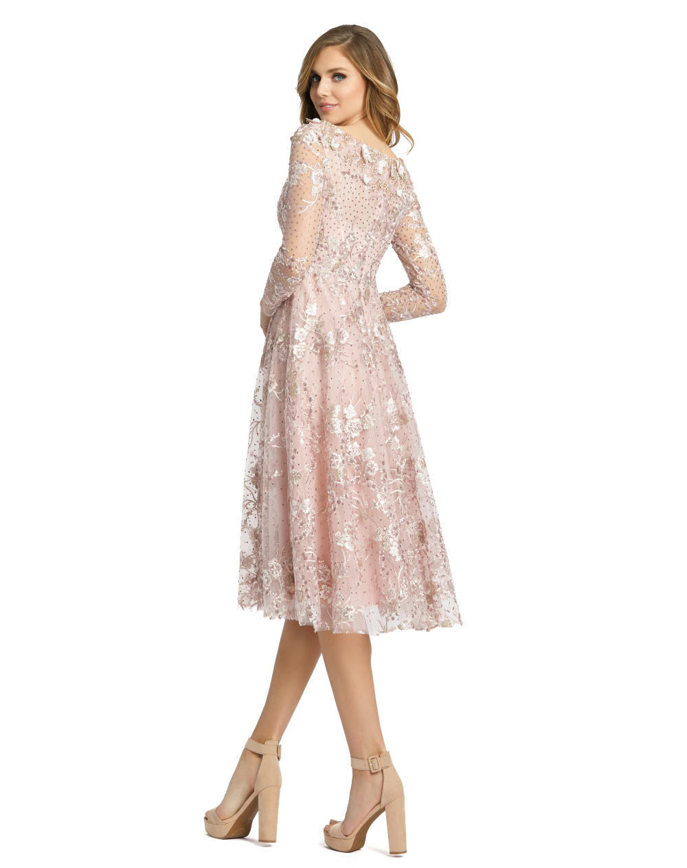 70229-Long Sleeve Floral Embroidered Tea Length Dress