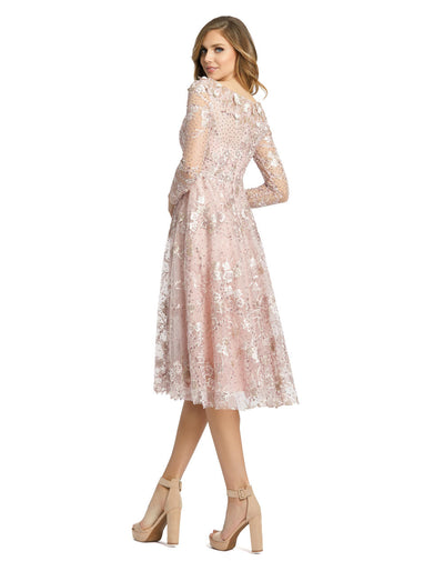 70229-Long Sleeve Floral Embroidered Tea Length Dress