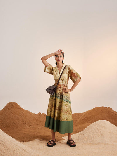 Print Blocked Dress-Woods