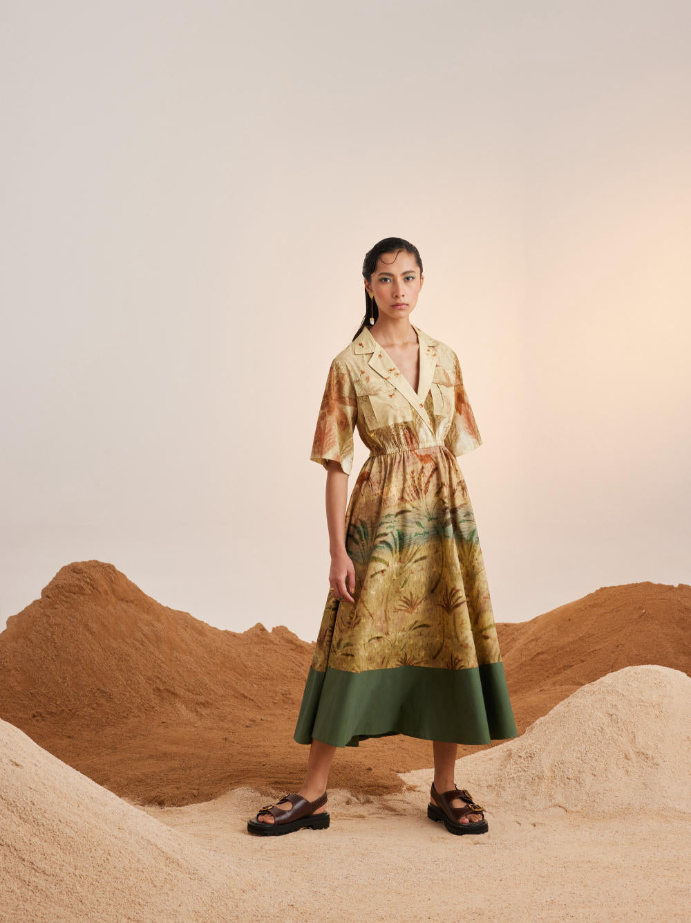 Print Blocked Dress-Woods