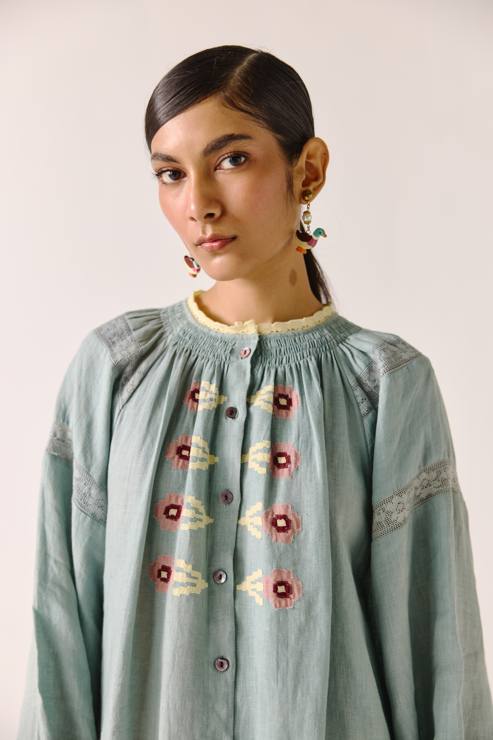 Chloe Dress - Pale Blue Pixel Applique