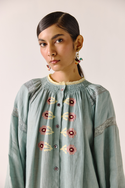 Chloe Dress - Pale Blue Pixel Applique