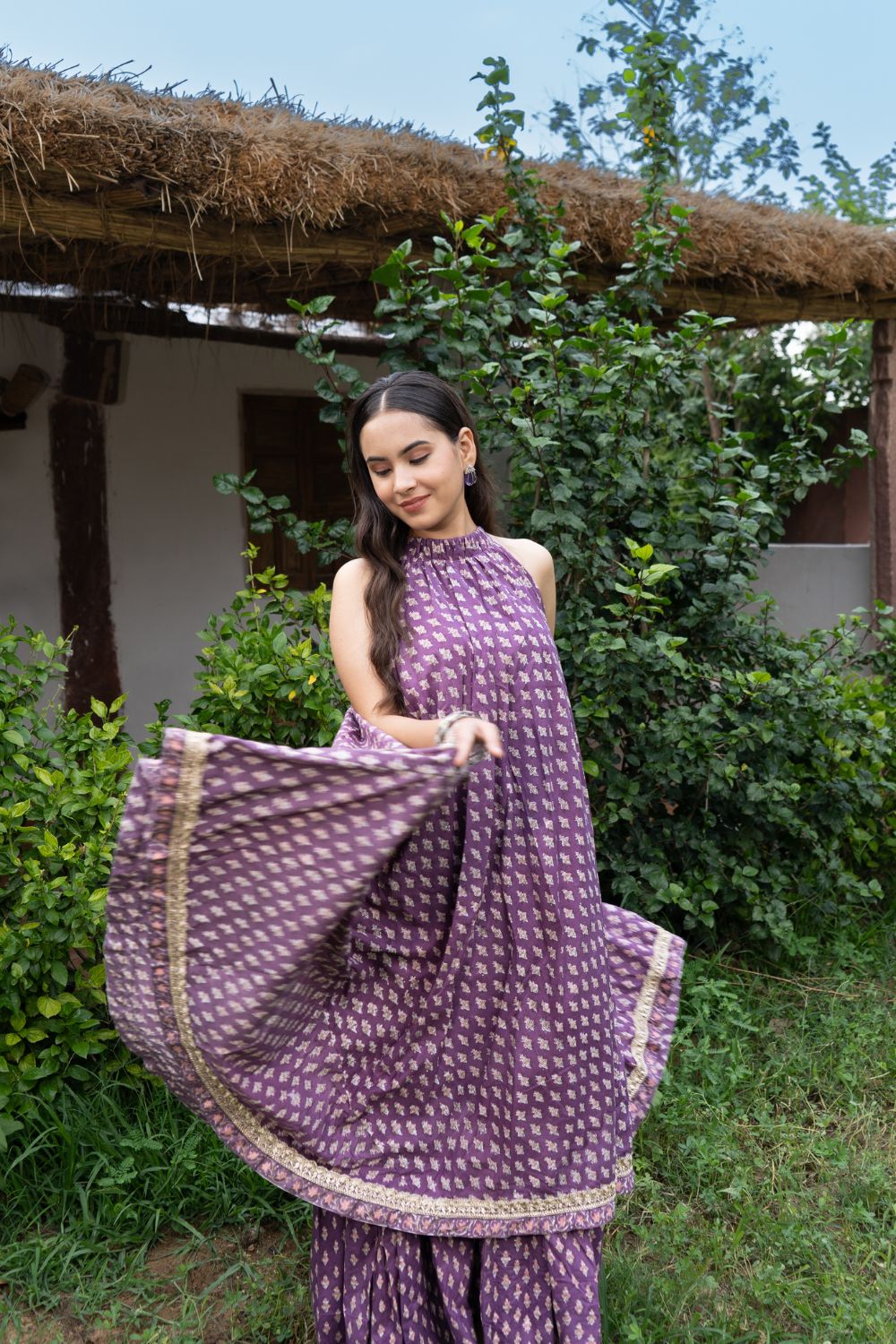 Saundh Purple and Peach Cotton block printed floral ghera dress