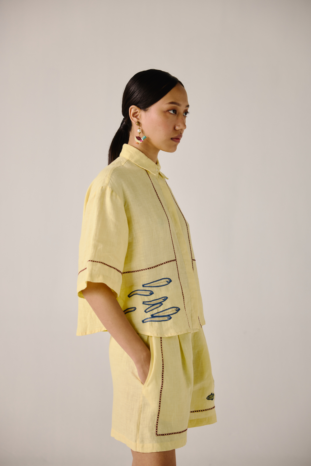 Leo Set - Butter Yellow Fish Embroidery