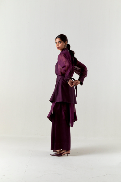 BEADED COLLAR SHEER SHIRT CO-ORD-WINE