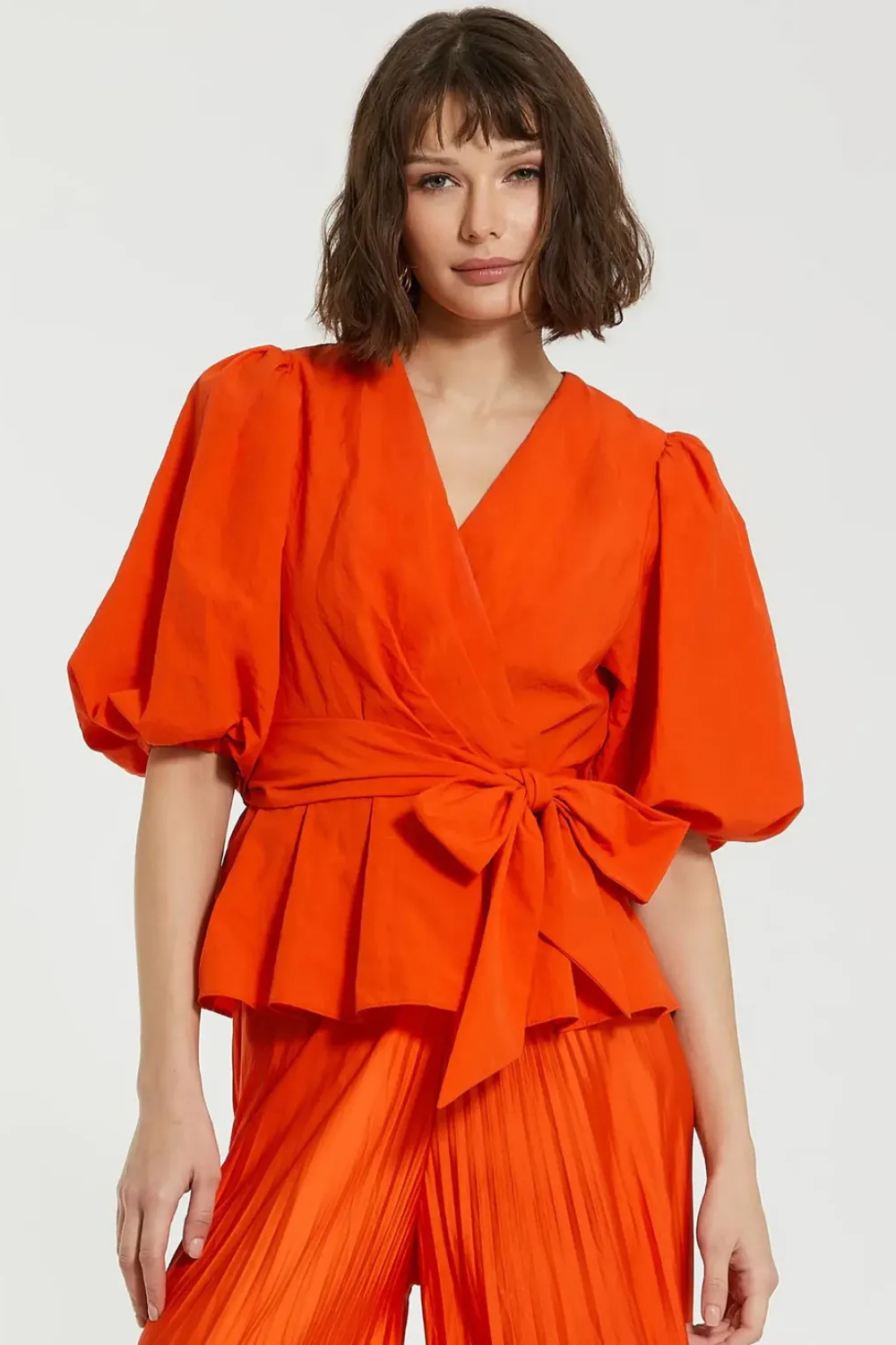 Orange Faille Wrap Over Balloon Sleeve Blouse
