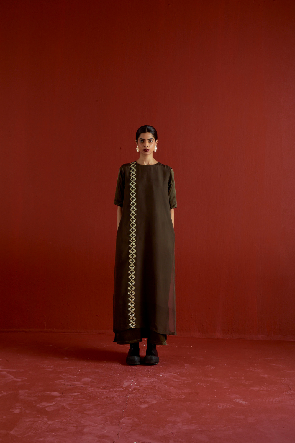 GOTA PATTI DETAIL DOUBLE LAYER DRESS-DARK OLIVE