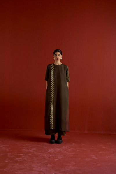 GOTA PATTI DETAIL DOUBLE LAYER DRESS-DARK OLIVE