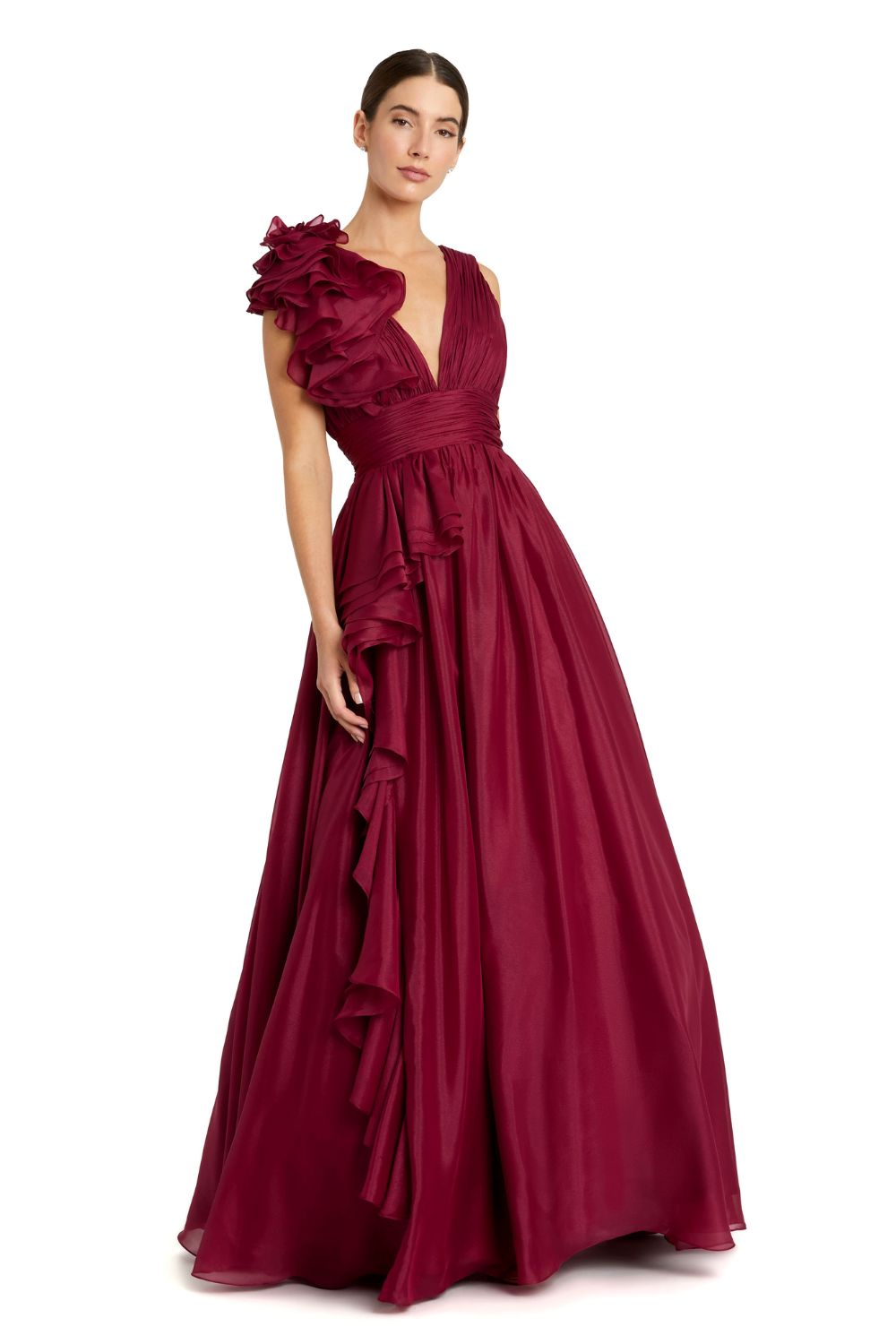 48856-Burgundy Ruffle Shoulder V-Neck Chiffon Gown