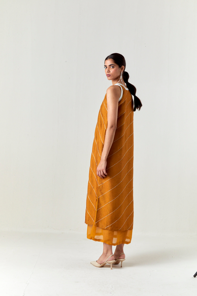 V-NECK EMBELLISHMENT DETAIL DRESS-OCHRE