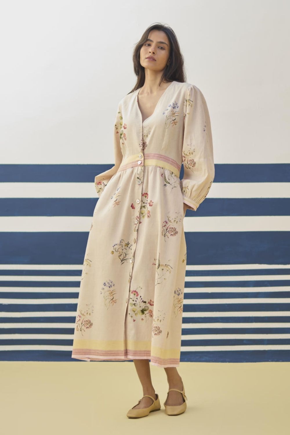 Greta Floral Linen Dress - Sand