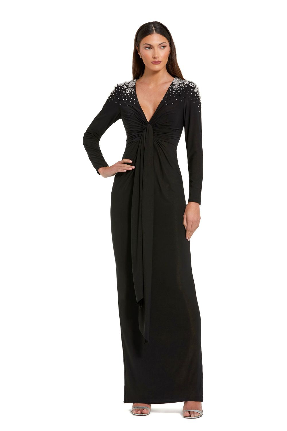 44063-Jersey V Neck Faux Knot Gown With Beaded Shoulders