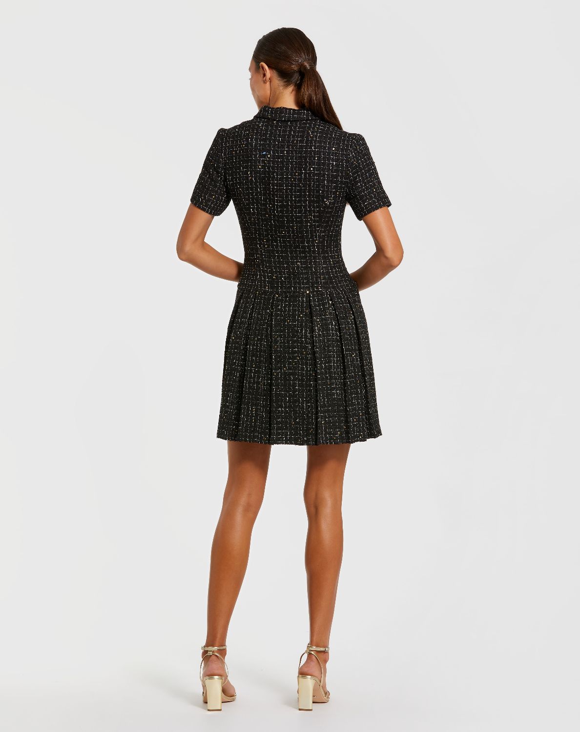 81200-Black Short Sleeve V Neck Tweed Blazer Mini Dress