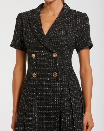 81200-Black Short Sleeve V Neck Tweed Blazer Mini Dress