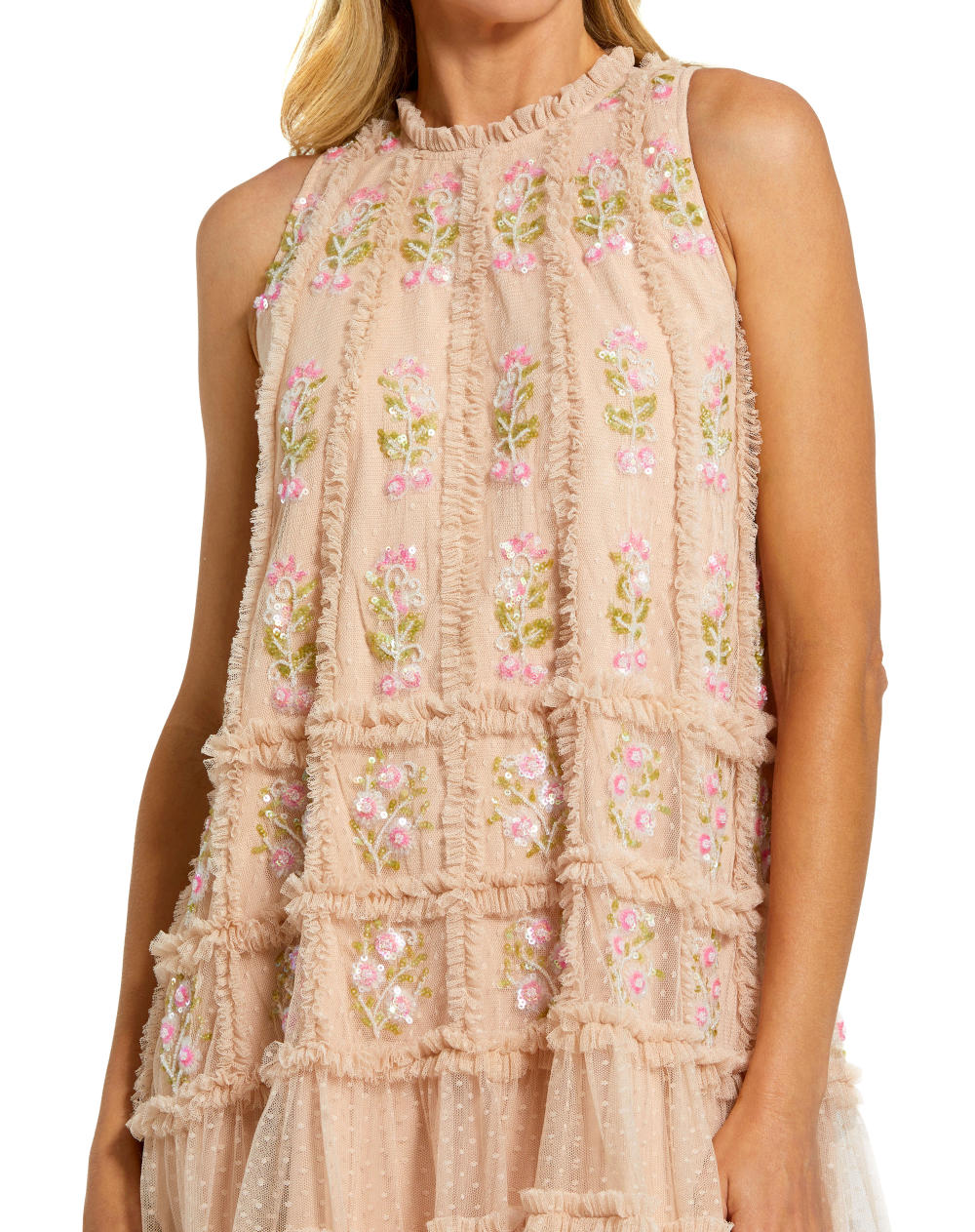 8172-Sleeveless High Neck Beaded Ruffle Detail Dress