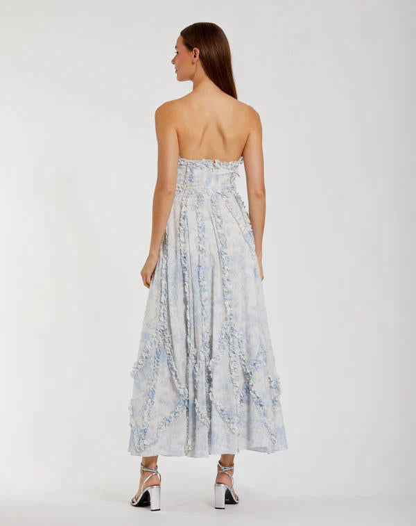 8265-Floral Cotton Ruffle Strapless Gown