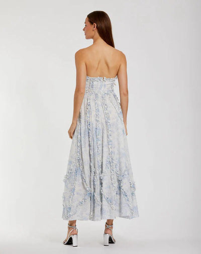 8265-Floral Cotton Ruffle Strapless Gown
