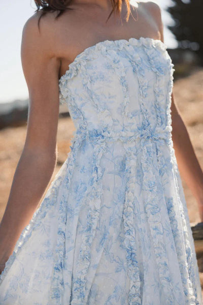 8265-Floral Cotton Ruffle Strapless Gown