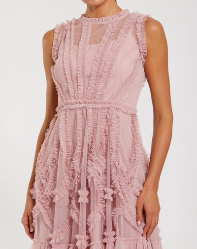 8289-Mesh Micro Ruffle High Neck Mini Dress