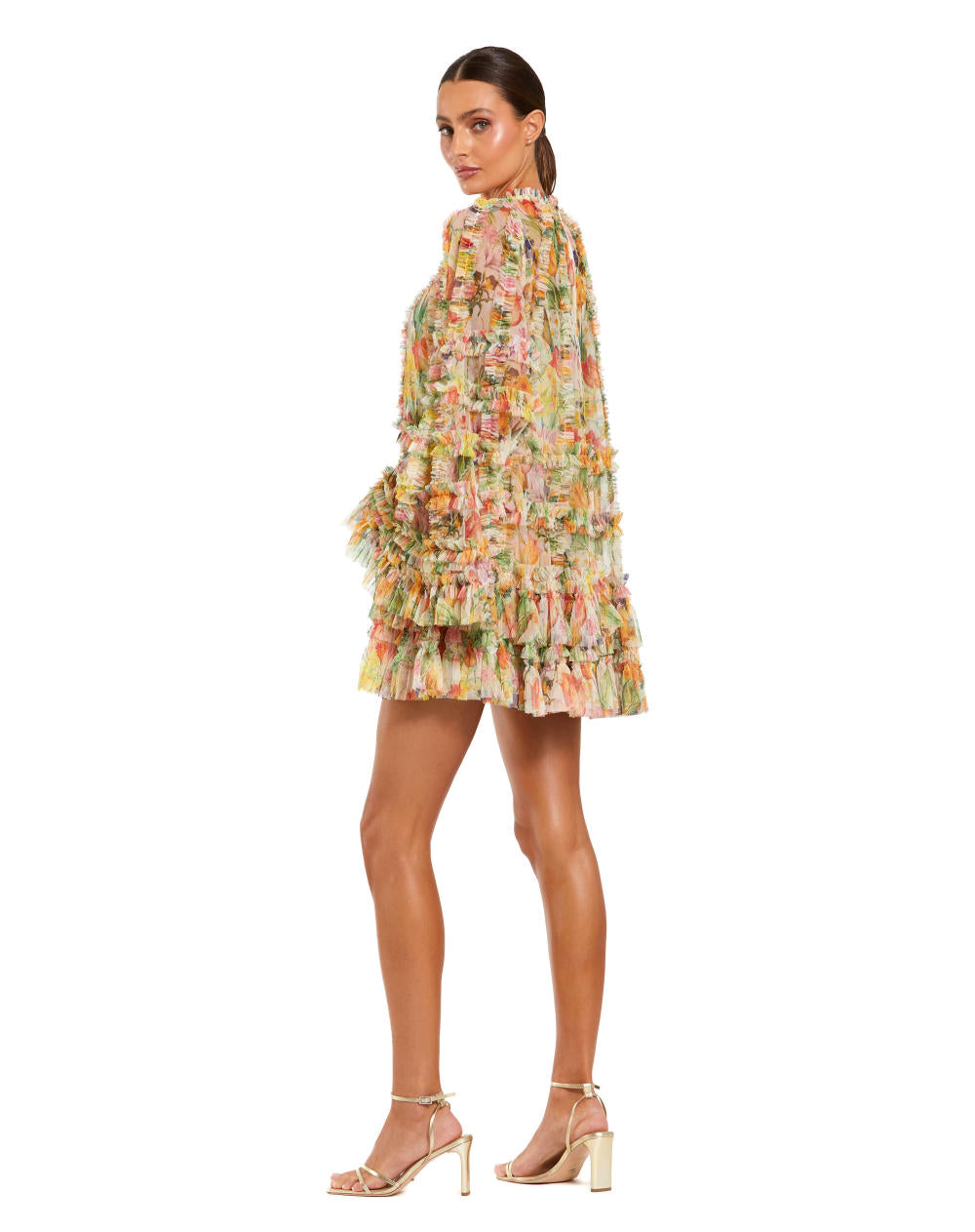 8300-Printed Mesh Ruffle High Neck Mini Dress