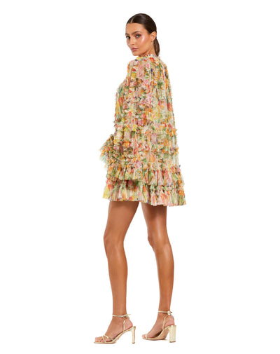 8300-Printed Mesh Ruffle High Neck Mini Dress