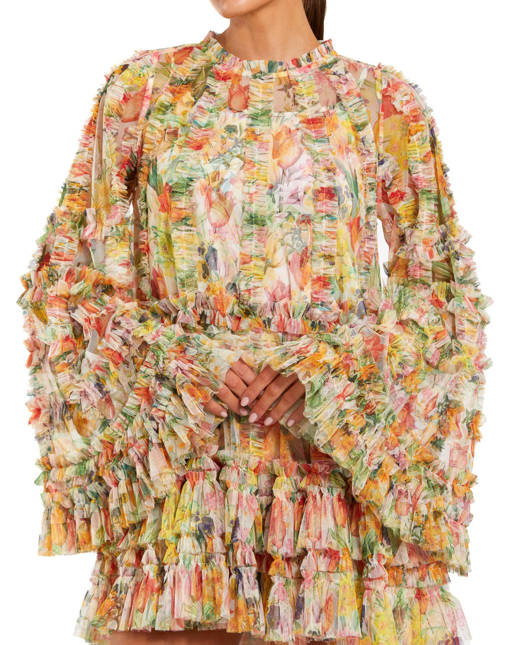 8300-Printed Mesh Ruffle High Neck Mini Dress
