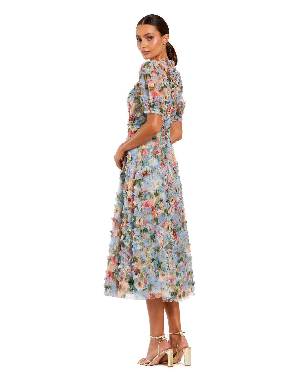 8302-Blue Floral Mesh Ruffle High Neck Midi Dress