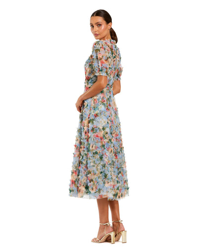 8302-Floral Mesh Ruffle High Neck Midi Dress